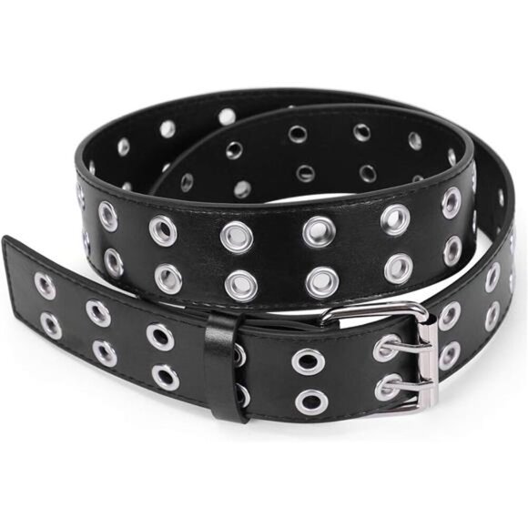 Double Grommet Belt for Women Men PU Leather Double Prong Buckle Vintage Punk - Picture 1 of 6